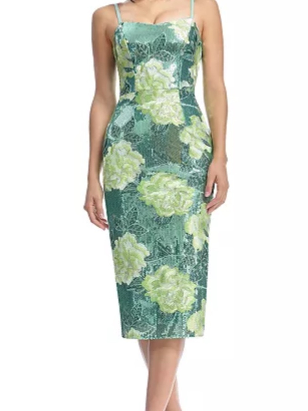Dress the Population Green Blakely Sleeveless Floral Sequined Sheath Dress M.